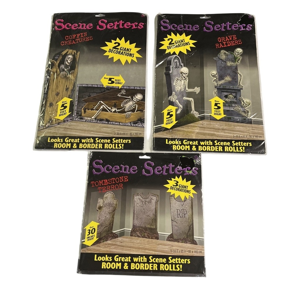 Vintage Amscan‎ Scene Setter Set Tombstone Terror Coffin Grave Room & Border NIP